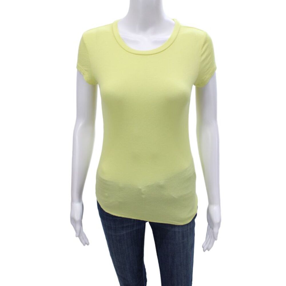 Olivaceous Women Basic Yellow Scoop Neck Short Sleeve T-Shirt Rayon Size M
